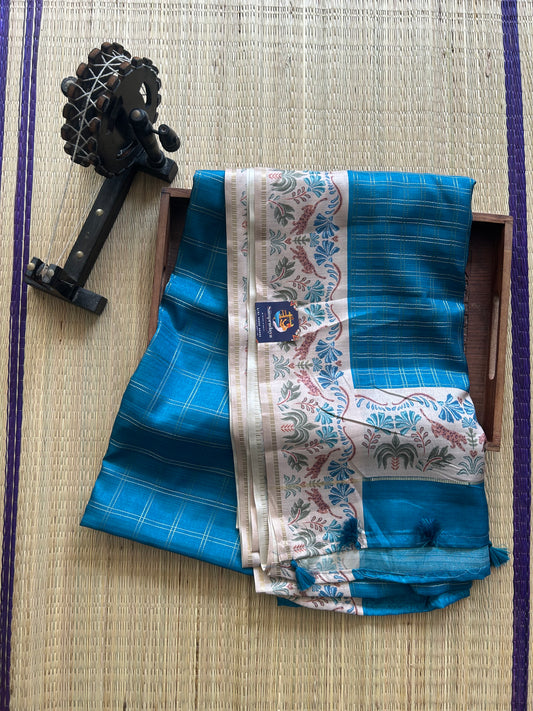 Semi Tussar Silk Saree - Teal Color with Gold Zari Border - Elegant Fancy Saree for Party & Office Wear.