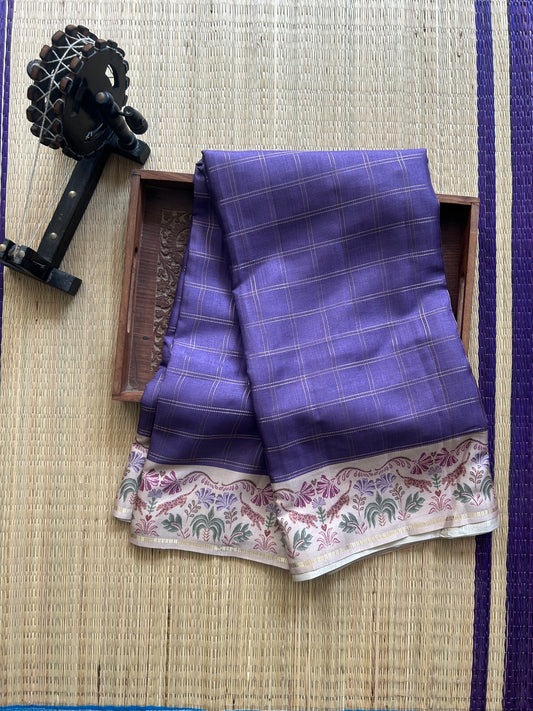 Semi Tussar Silk Saree - Purple Color with Gold Zari Border - Elegant Fancy Saree for Party & Office Wear.
