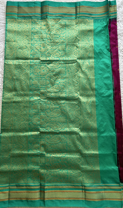 Narayanpet Silk Saree Purple Colored Complemented with a Rama Green Zari Border. - Sampradaya Designer Studio