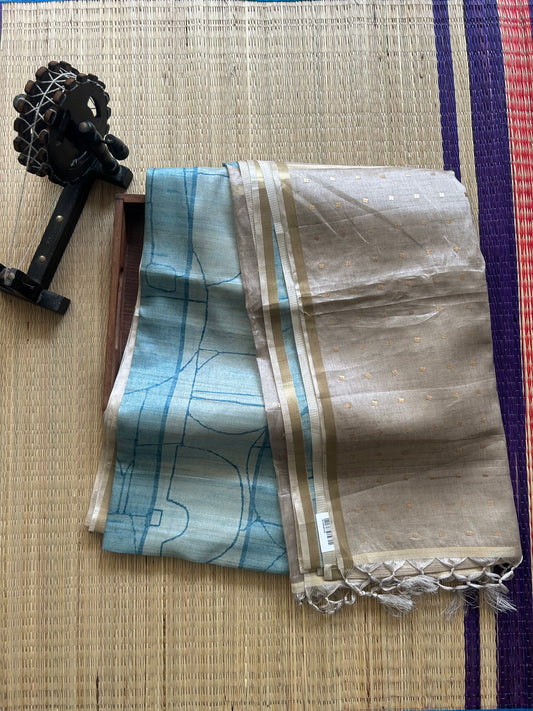 Semi Tussar Silk Saree -  Ice Blue  color with Gold Zari Border - Elegant Fancy Saree for Party & Office Wear.
