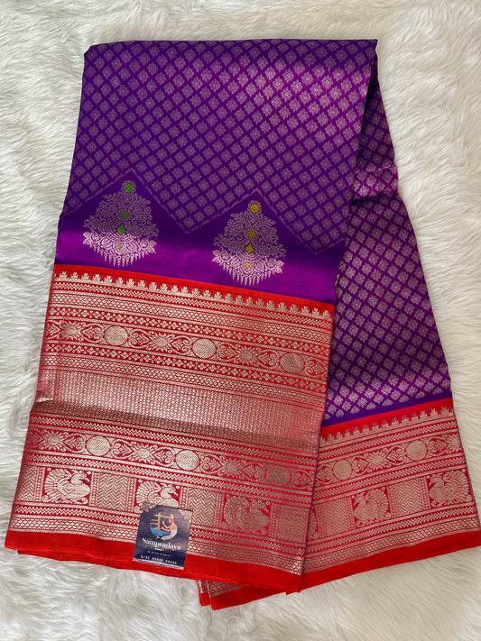 Venkatagiri Pattu Saree Purple Colored Complemented With a Pattu orange Color Border - Sampradaya Designer Studio