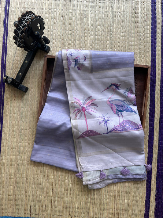 Semi Tussar Silk Saree - Violet with Gold Zari Border - Elegant Fancy Saree for Party & Office Wear.