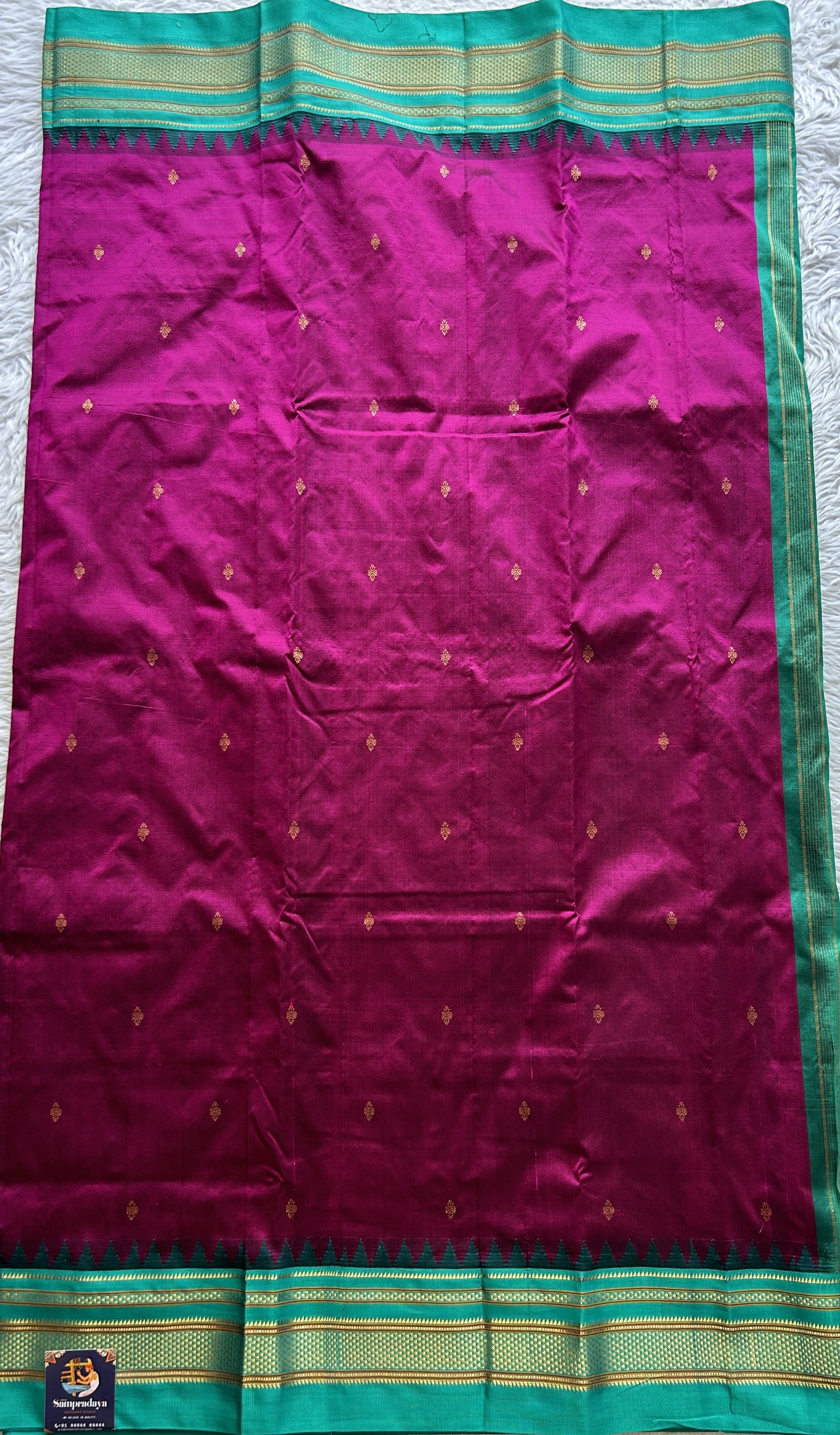 Narayanpet Silk Saree Purple Colored Complemented with a Rama Green Zari Border. - Sampradaya Designer Studio