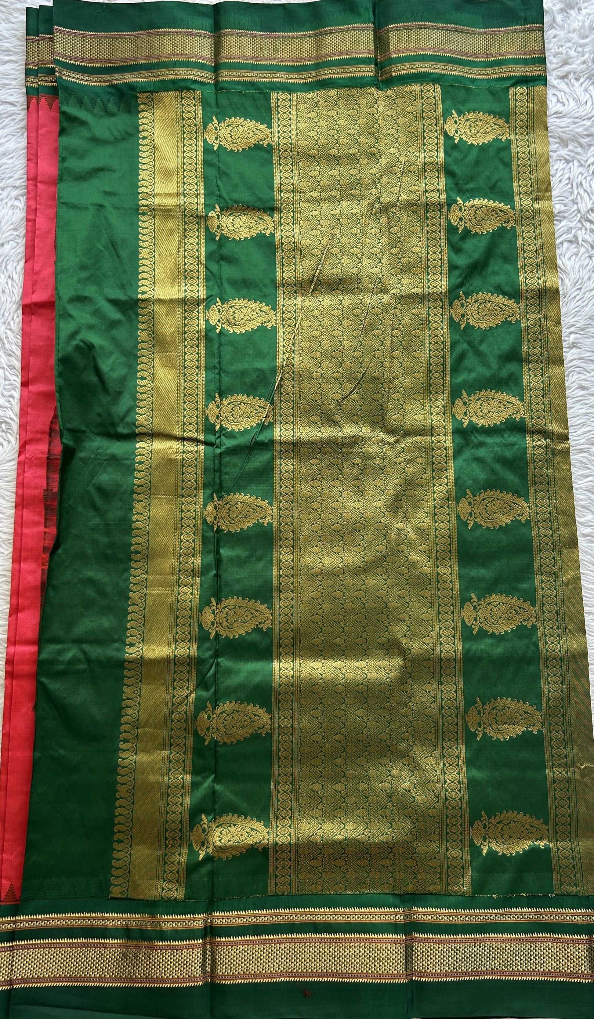Narayanpet Silk Saree Dark Peach Colored Complemented with a Green Zari Border. - Sampradaya Designer Studio