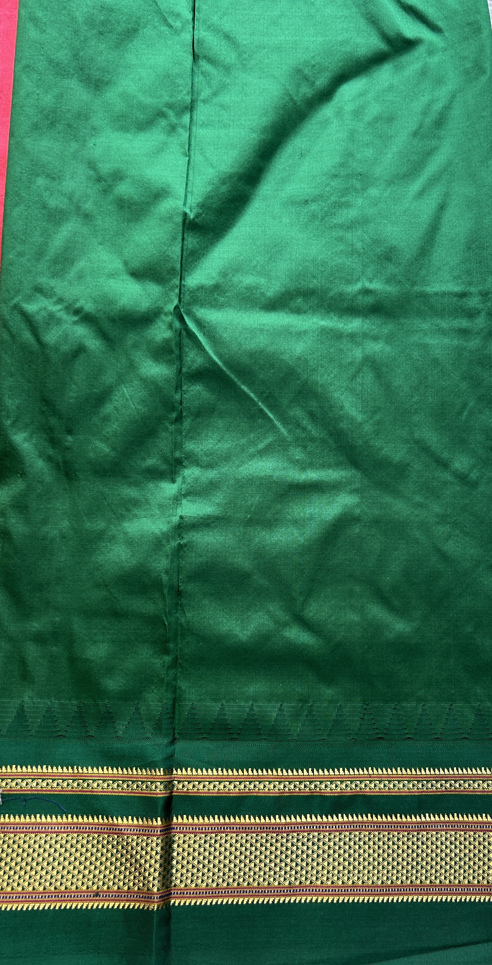 Narayanpet Silk Saree Dark Peach Colored Complemented with a Green Zari Border. - Sampradaya Designer Studio