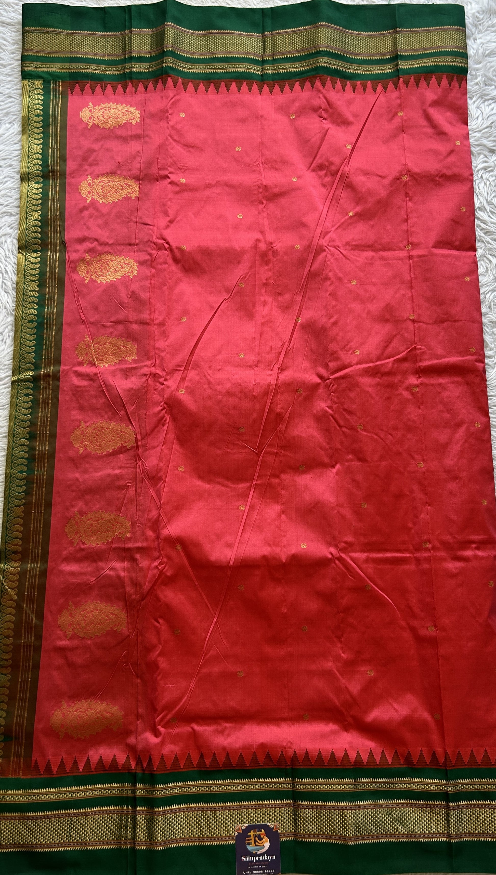 Narayanpet Silk Saree Dark Peach Colored Complemented with a Green Zari Border. - Sampradaya Designer Studio