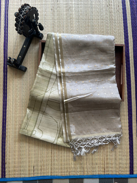 Semi Tussar Silk Saree -  Moss Green  color with Gold Zari Border - Elegant Fancy Saree for Party & Office Wear.