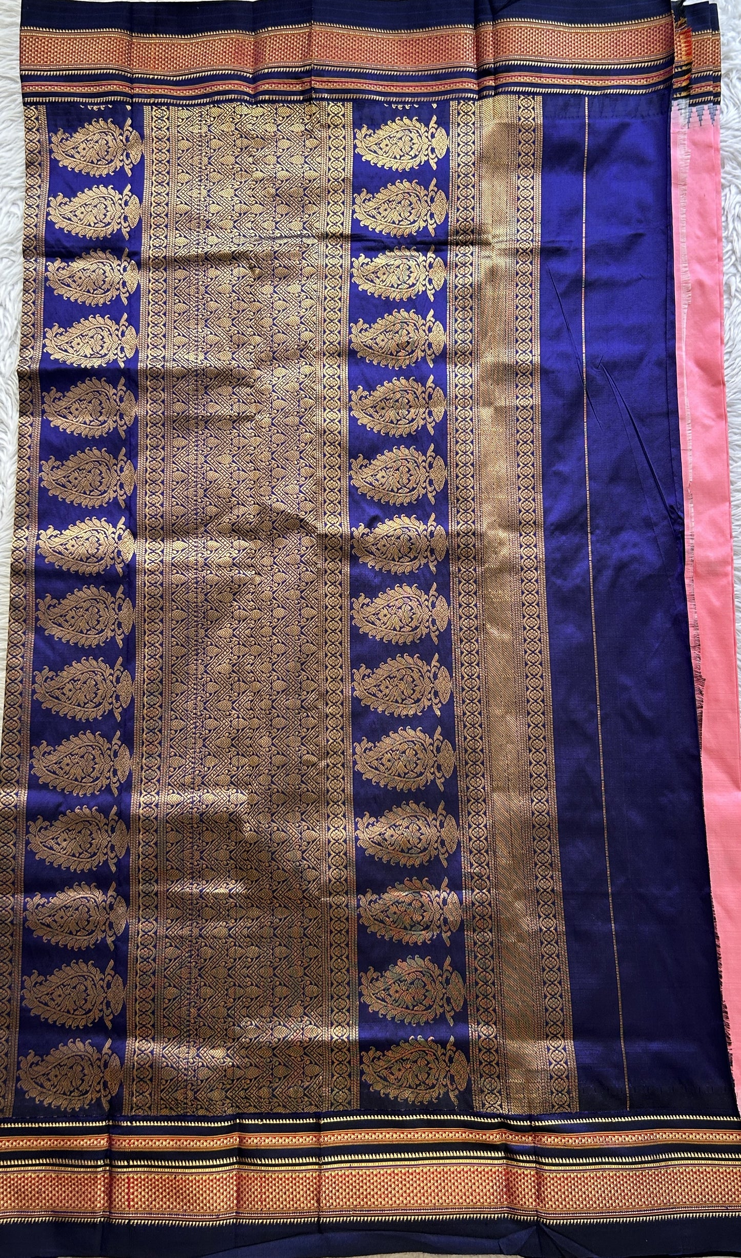 Narayanpet Silk Saree Pink Colored Complemented with a Navy Blue Zari Border. - Sampradaya Designer Studio