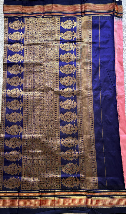 Narayanpet Silk Saree Pink Colored Complemented with a Navy Blue Zari Border. - Sampradaya Designer Studio