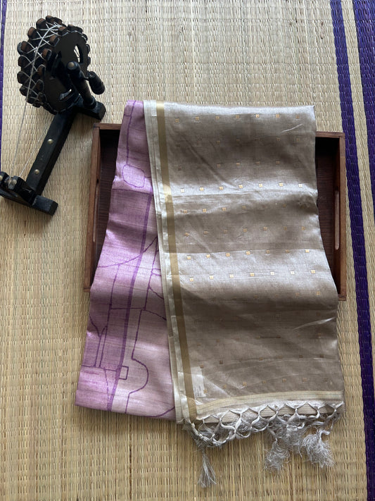 Semi Tussar Silk Saree -  Lavender  color with Gold Zari Border - Elegant Fancy Saree for Party & Office Wear.