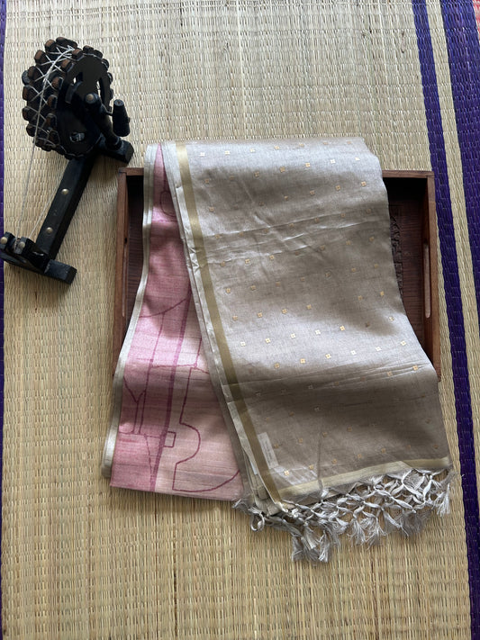 Semi Tussar Silk Saree -  Peach  color with Gold Zari Border - Elegant Fancy Saree for Party & Office Wear.