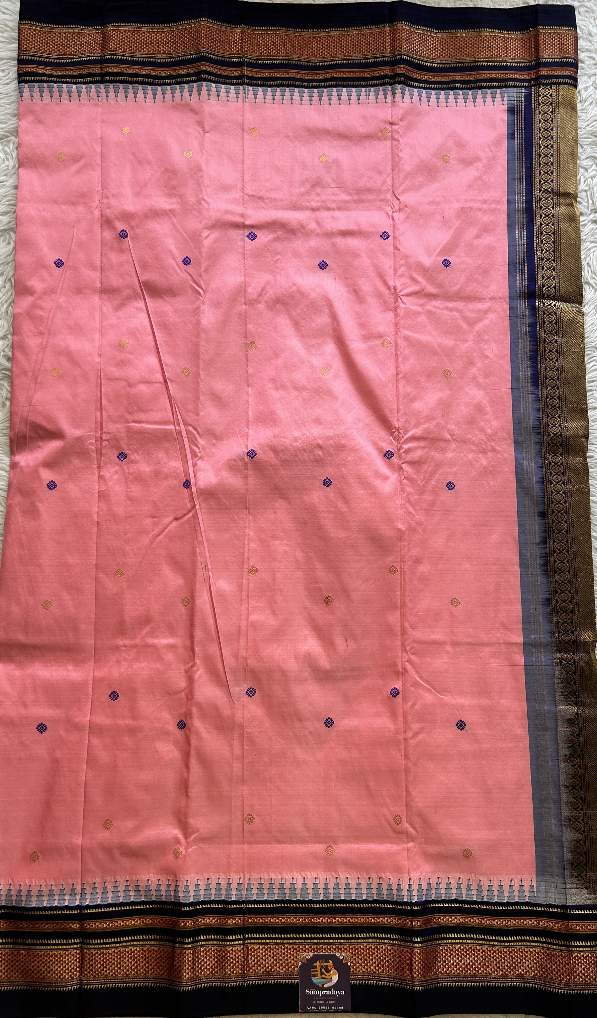 Narayanpet Silk Saree Pink Colored Complemented with a Navy Blue Zari Border. - Sampradaya Designer Studio