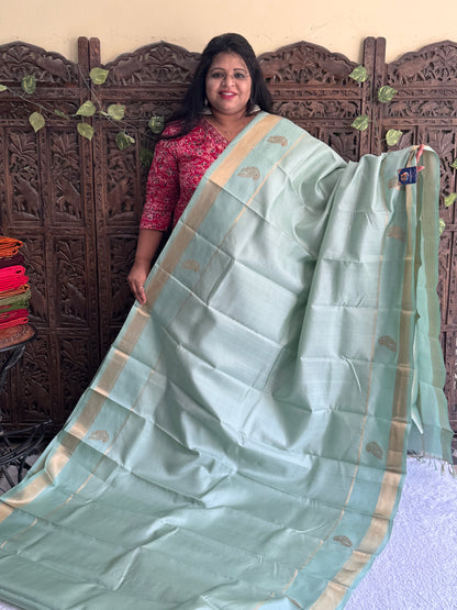 Pure Kanjivaram Silk Saree | Sea Green With Gold Zari Border | Handloom | Silk Mark Certified