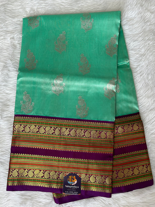 Venkatagiri Pattu Saree Aqua Blue Colored Complemented With a Pattu Purple Color Gap and Kuttu Border - Sampradaya Designer Studio