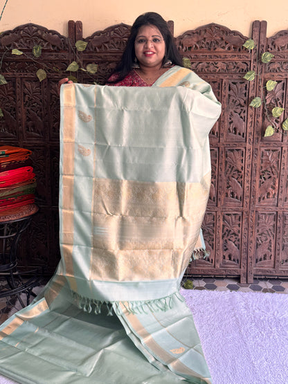 Pure Kanjivaram Silk Saree | Sea Green With Gold Zari Border | Handloom | Silk Mark Certified