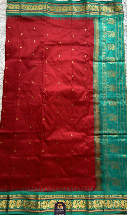 Narayanpet Silk Saree Maroon Colored Complemented with a Rama Green Zari Border. - Sampradaya Designer Studio