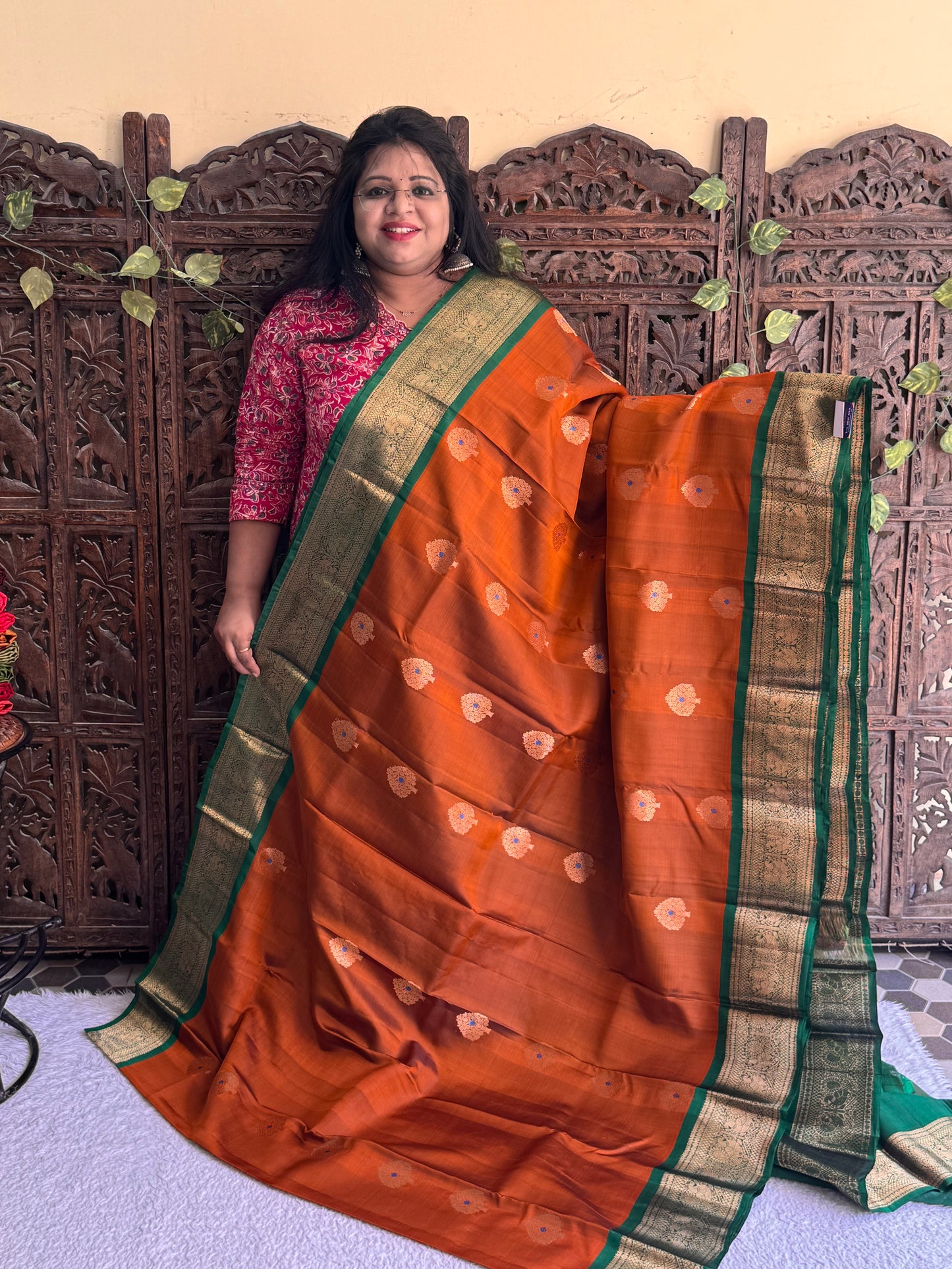 Orange Pure Kanjivaram Silk Saree | Weaving Border With All- Over Tree Motif | Handloom | Silk Mark Certified