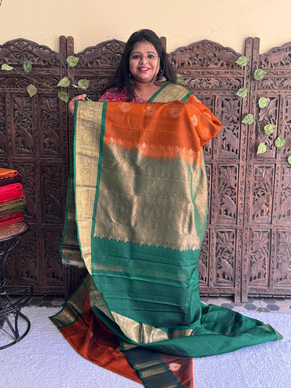 Orange Pure Kanjivaram Silk Saree | Weaving Border With All- Over Tree Motif | Handloom | Silk Mark Certified