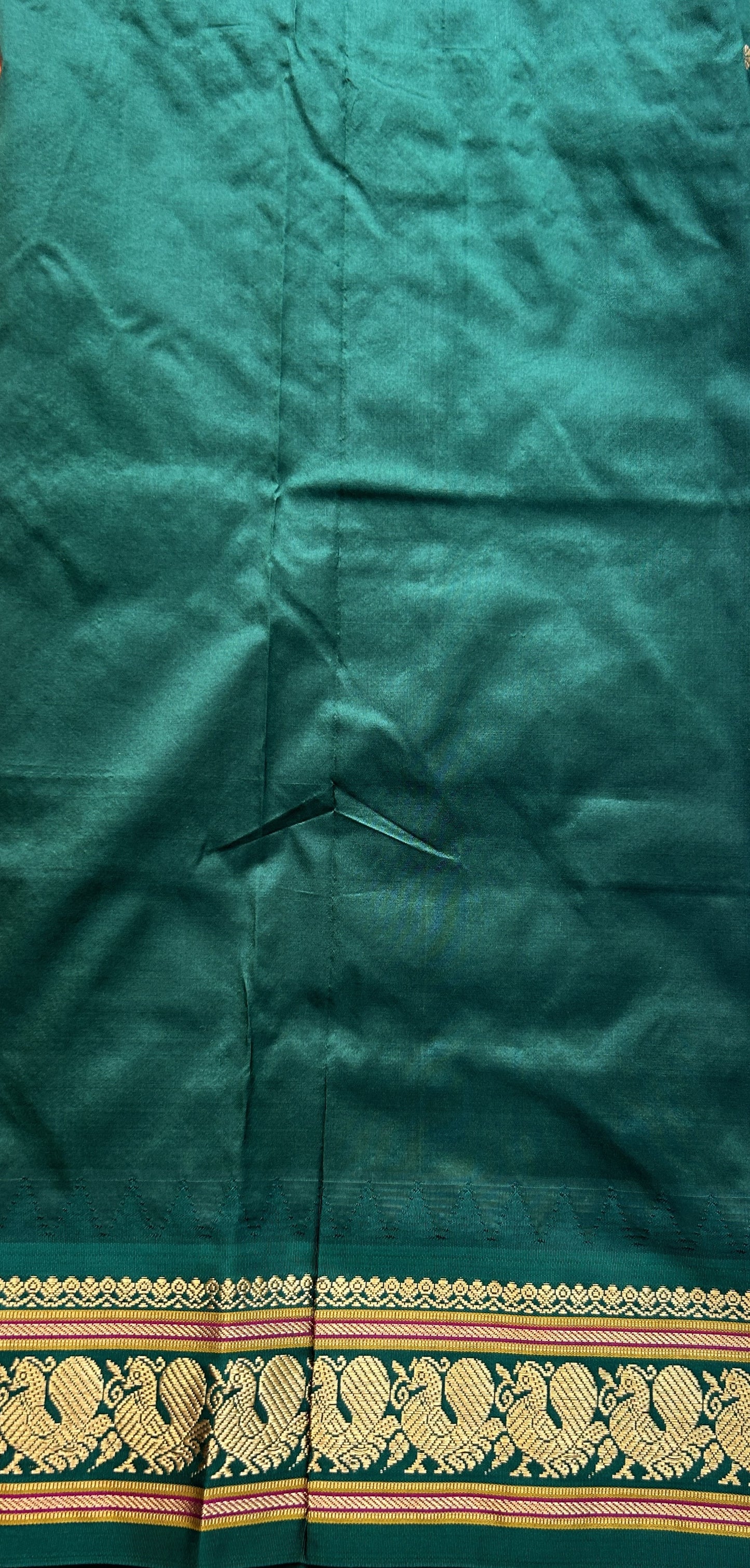 Narayanpet Silk Saree Orange Colored Complemented with a Green Zari Border. - Sampradaya Designer Studio