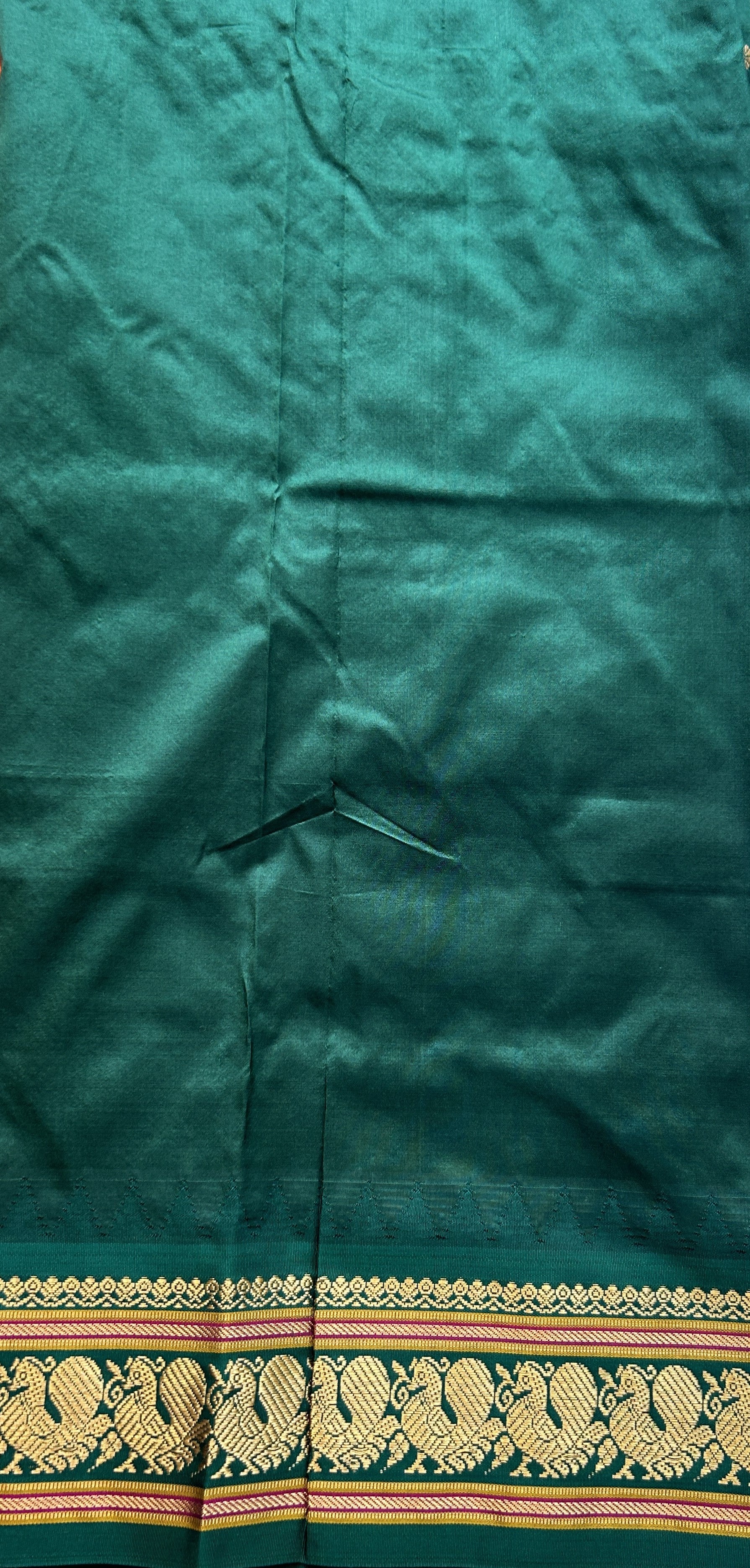 Narayanpet Silk Saree Orange Colored Complemented with a Green Zari Border. - Sampradaya Designer Studio