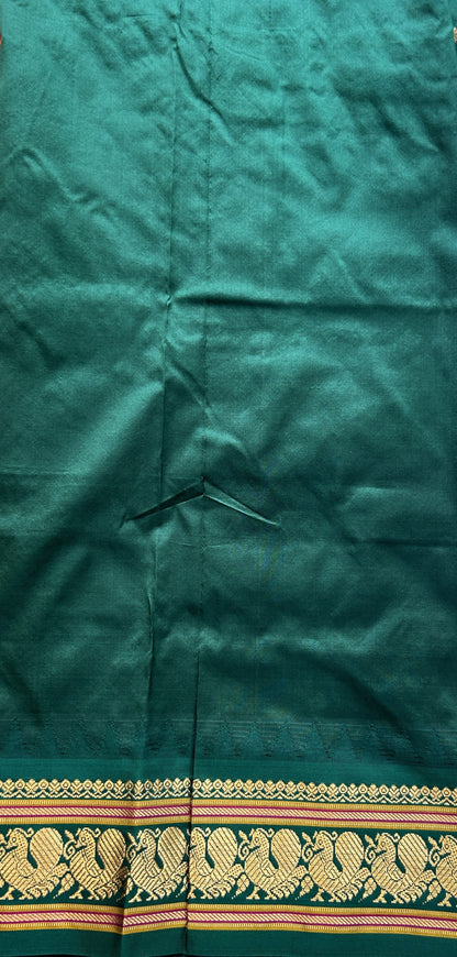 Narayanpet Silk Saree Orange Colored Complemented with a Green Zari Border. - Sampradaya Designer Studio