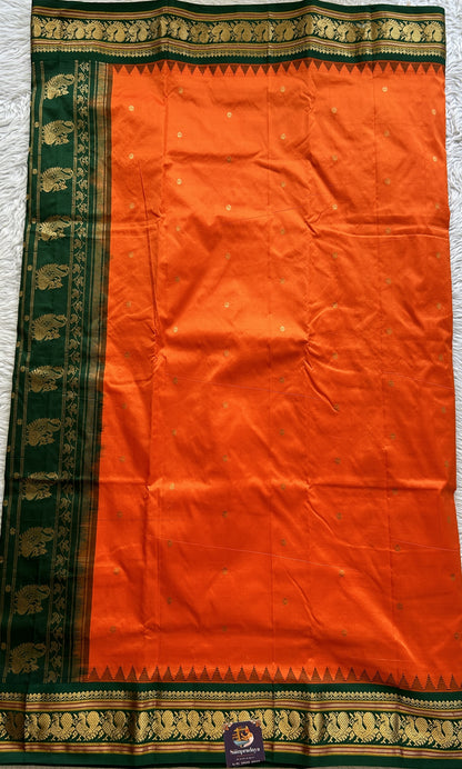 Narayanpet Silk Saree Orange Colored Complemented with a Green Zari Border. - Sampradaya Designer Studio