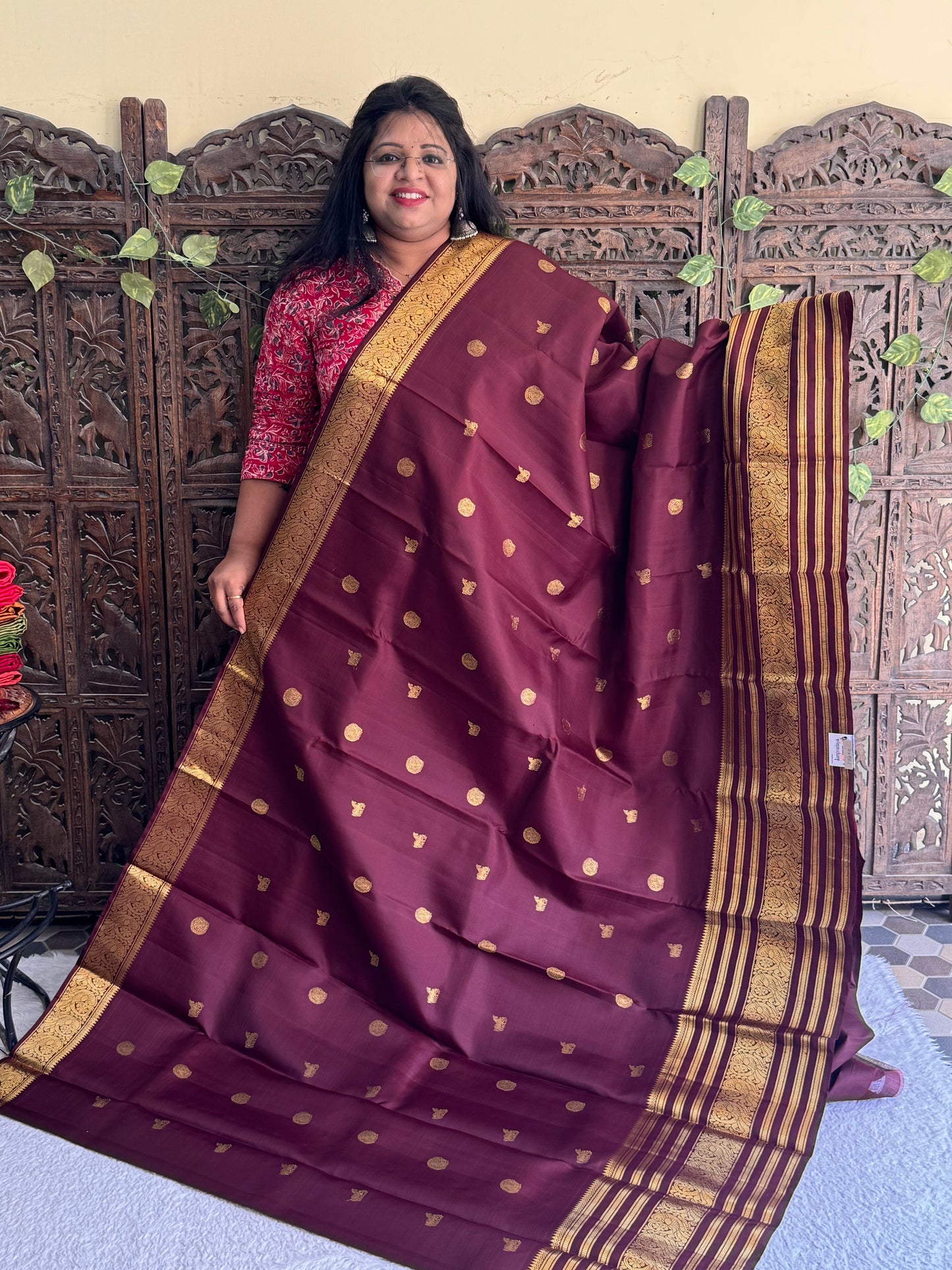 Brown Kanjivaram Silk Saree | Weaving Border With Peacock & Horse Butta| Handloom | Silk Mark Certified