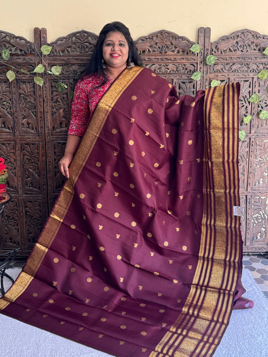 Pure Kanjivaram Silk Saree | Brown With Gold Zari Border | Handloom | Silk Mark Certified