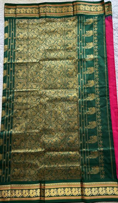 Narayanpet Silk Saree Pink Colored Complemented with a Green Zari Border. - Sampradaya Designer Studio