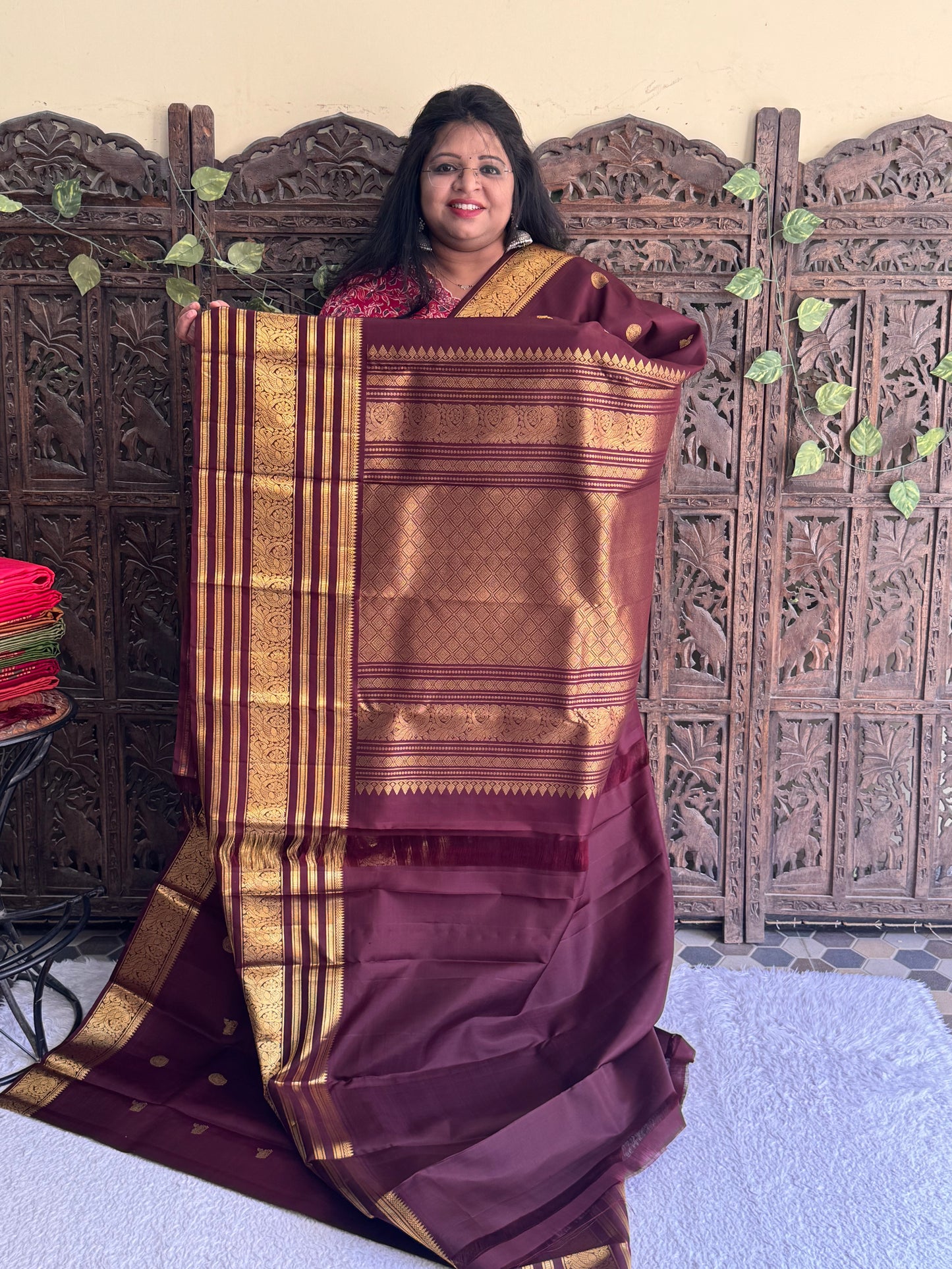 Brown Kanjivaram Silk Saree | Weaving Border With Peacock & Horse Butta| Handloom | Silk Mark Certified
