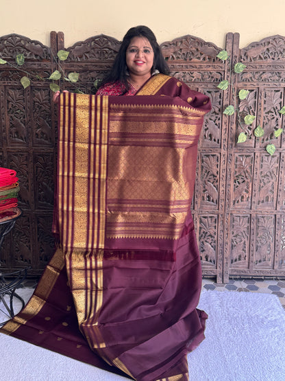 Brown Kanjivaram Silk Saree | Weaving Border With Peacock & Horse Butta| Handloom | Silk Mark Certified