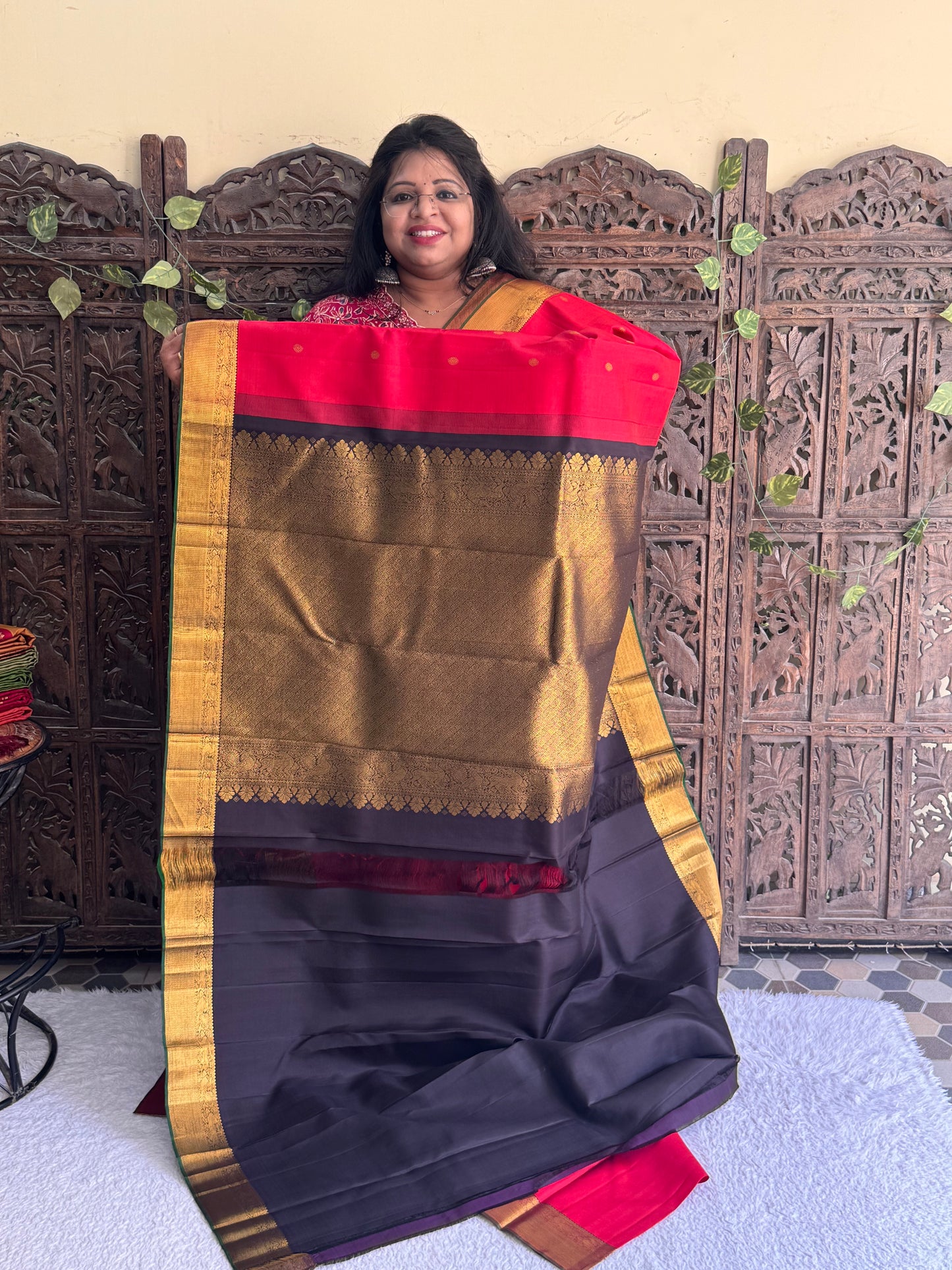 Red Kanjivaram Silk Saree | Weaving Border With Rudraksha Butta| Handloom | Silk Mark Certified