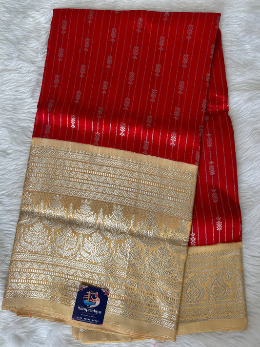 Venkatagiri Pattu Saree Red Colored Complemented With a Pattu Yellowish Cream Color Kuttu Border - Sampradaya Designer Studio