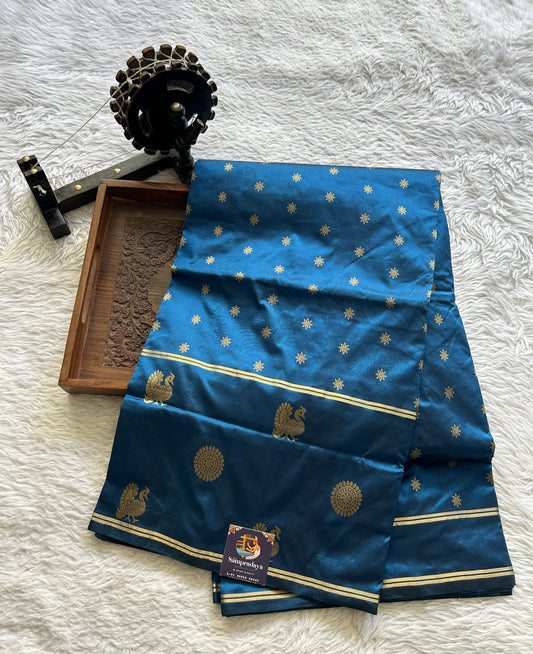 Narayanpet Silk Saree Peacock Blue Colored Complemented with a Buti Border. - Sampradaya Designer Studio