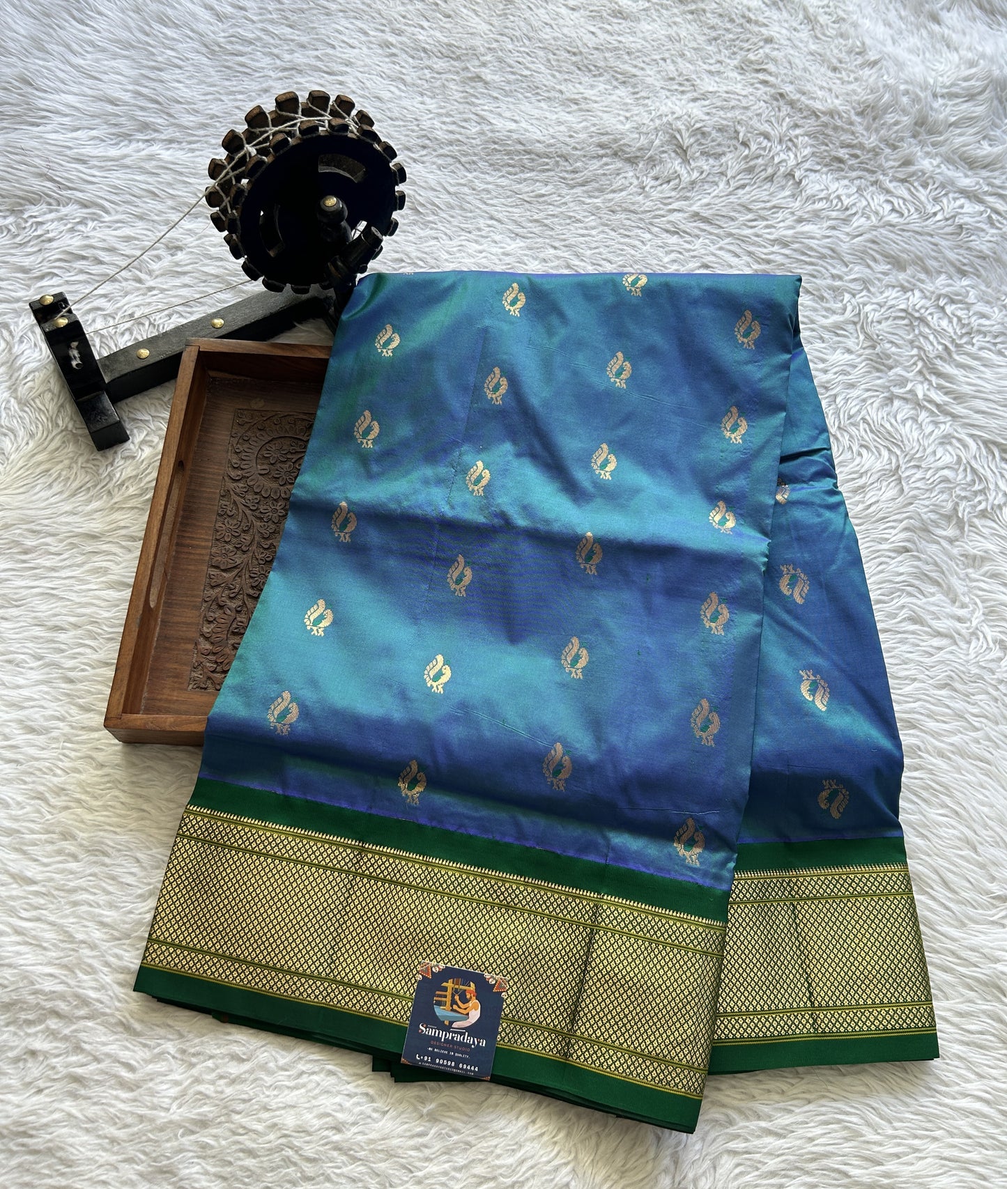 Narayanpet Silk Saree Peacock Blue Colored Complemented with a Green Zari Border. - Sampradaya Designer Studio