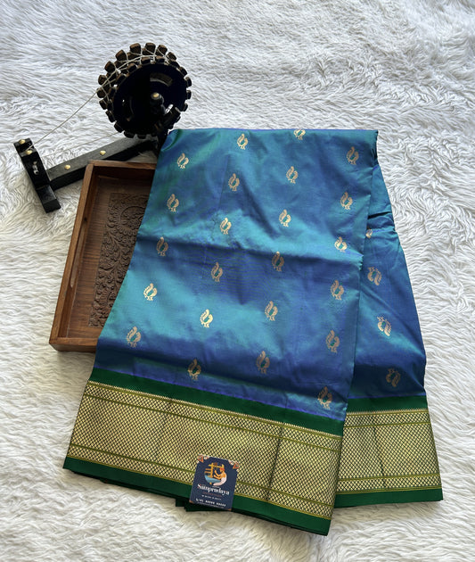 Narayanpet Silk Saree Peacock Blue Colored Complemented with a Green Zari Border. - Sampradaya Designer Studio