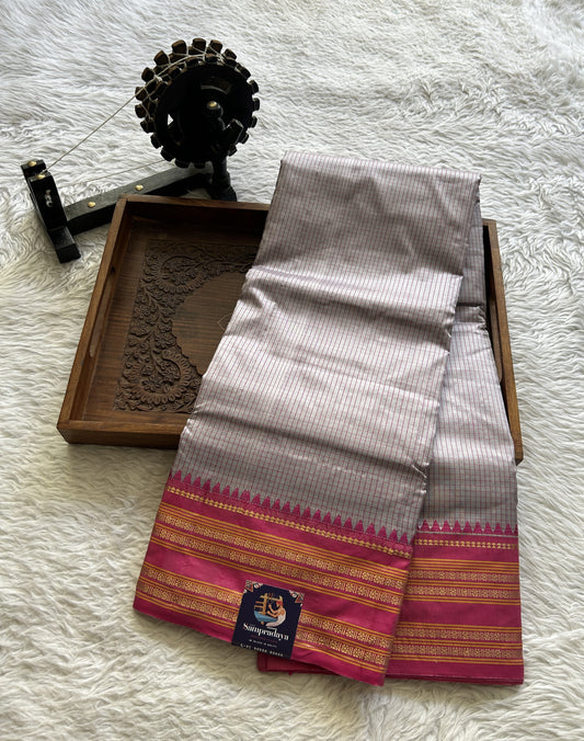 Narayanpet Silk Checks Saree Ash Colored Complemented with a Pink Zari Border. - Sampradaya Designer Studio