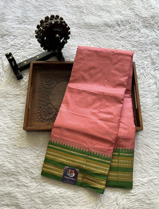 Narayanpet Silk Checks Saree Peach Colored Complemented with a Green Zari Border. - Sampradaya Designer Studio