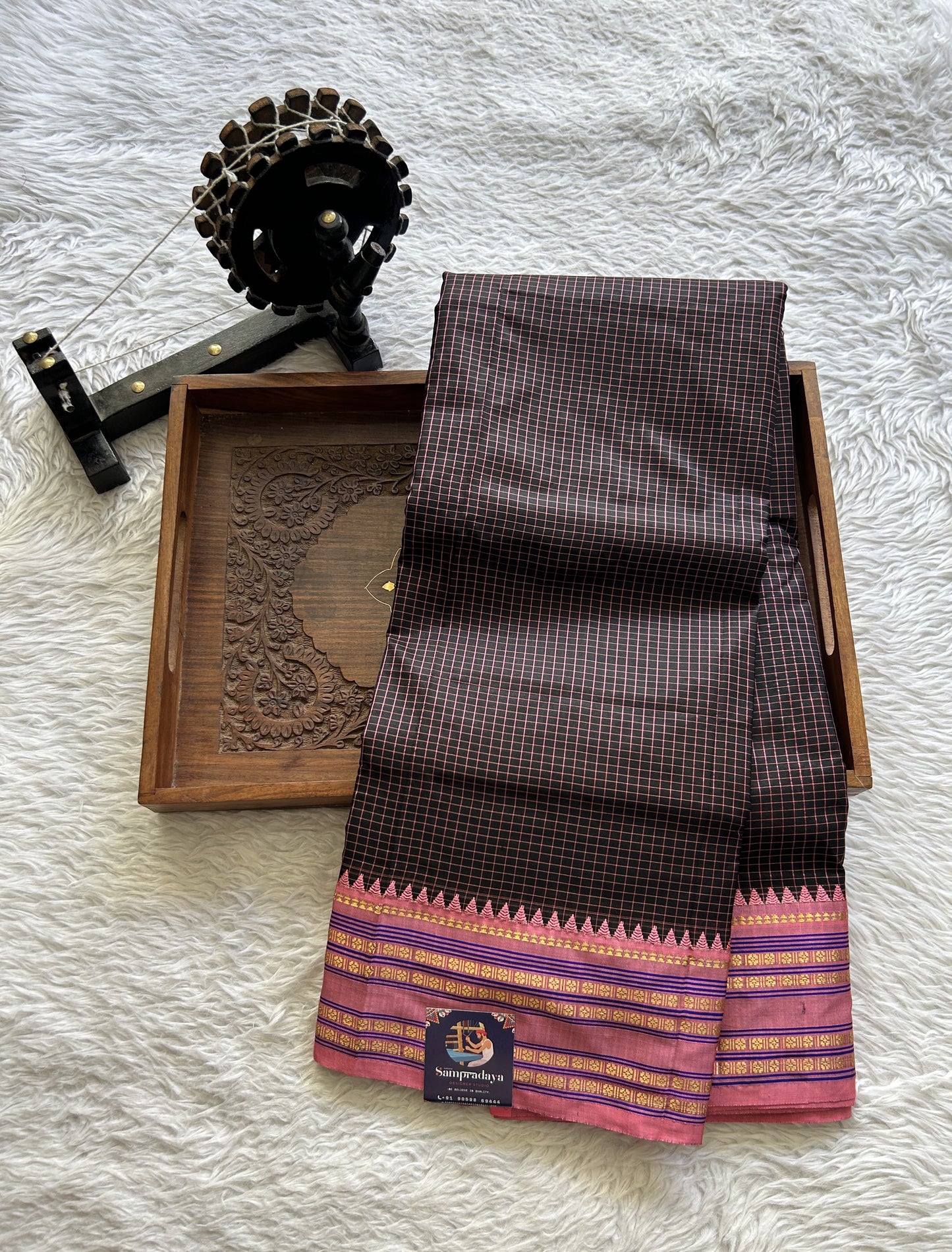 Narayanpet Silk Checks Saree Black Colored Complemented with a Peach Zari Border. - Sampradaya Designer Studio