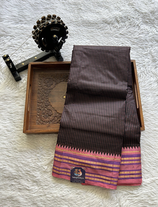 Narayanpet Silk Checks Saree Black Colored Complemented with a Peach Zari Border. - Sampradaya Designer Studio
