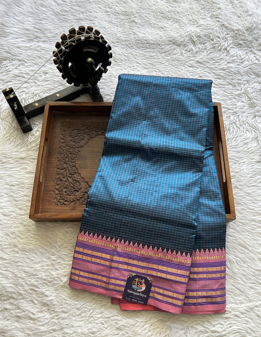 Narayanpet Silk Checks Saree Peacock Blue Colored Complemented with a Peach Zari Border. - Sampradaya Designer Studio