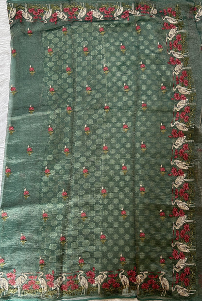 Banarasi Crushed Silk Saree Sea Green Colored Complemented with a Thread Embroidery border. - Sampradaya Designer Studio