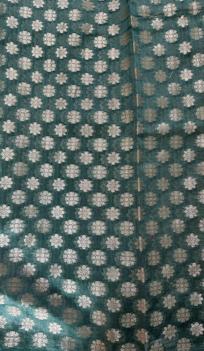 Banarasi Crushed Silk Saree Sea Green Colored Complemented with a Thread Embroidery border. - Sampradaya Designer Studio