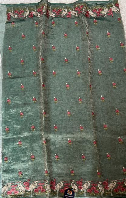 Banarasi Crushed Silk Saree Sea Green Colored Complemented with a Thread Embroidery border. - Sampradaya Designer Studio