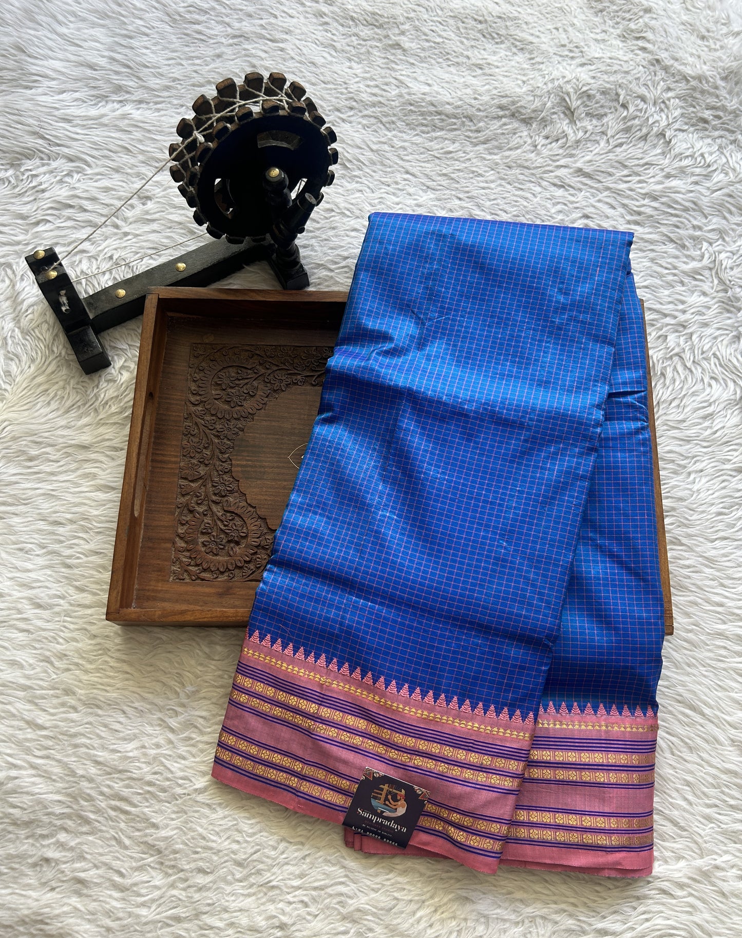Narayanpet Silk Checks Saree Cobalt Blue Colored Complemented with a Peach Zari Border. - Sampradaya Designer Studio