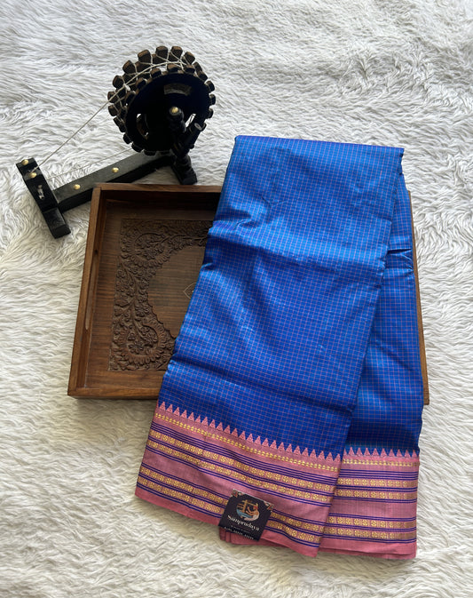 Narayanpet Silk Checks Saree Cobalt Blue Colored Complemented with a Peach Zari Border. - Sampradaya Designer Studio
