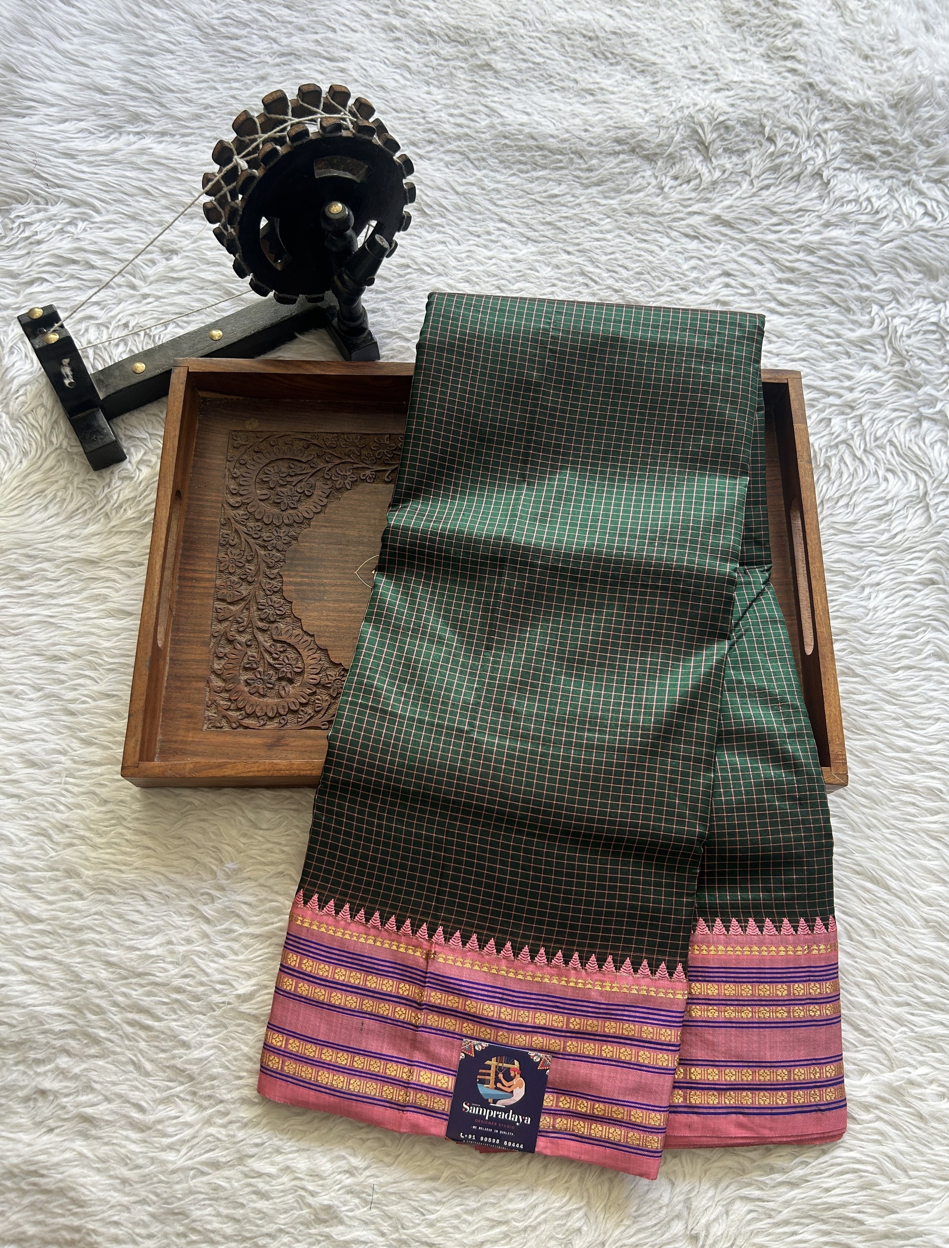 Narayanpet Silk Checks Saree Bottle Green Colored Complemented with a Peach Zari Border. - Sampradaya Designer Studio