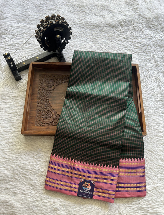 Narayanpet Silk Checks Saree Bottle Green Colored Complemented with a Peach Zari Border. - Sampradaya Designer Studio