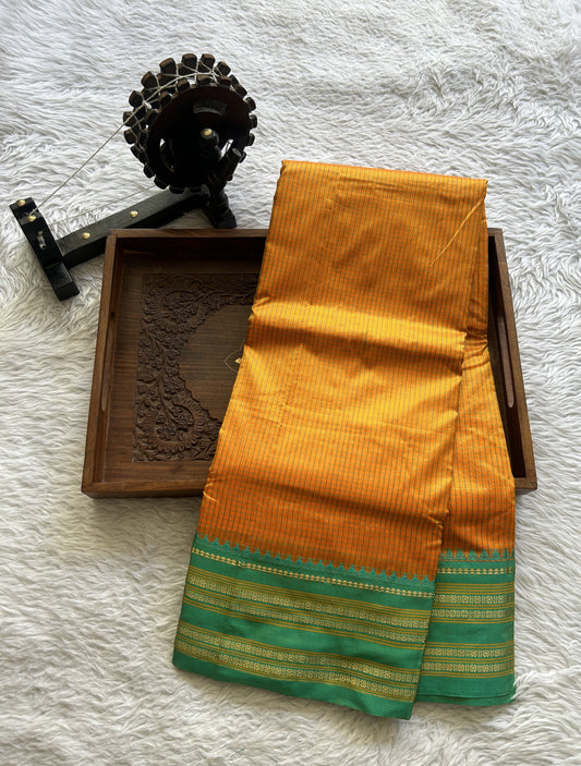 Narayanpet Silk Checks Saree Orange Colored Complemented with a Rama Green Zari Border. - Sampradaya Designer Studio