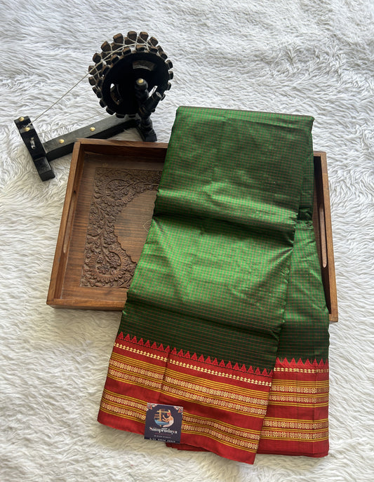 Narayanpet Silk Checks Saree Green Colored Complemented with a Red Zari Border. - Sampradaya Designer Studio